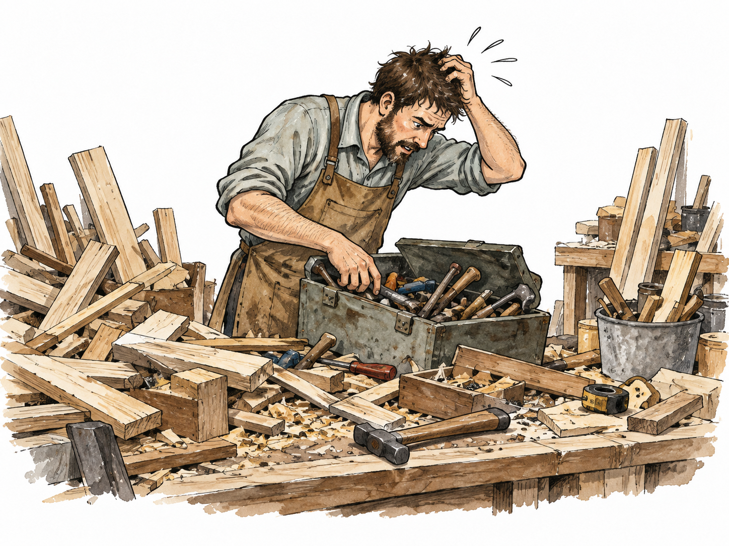 A disorganized workshop worker repeatedly searches for tools among clutter and excess offcuts, wasted effort.