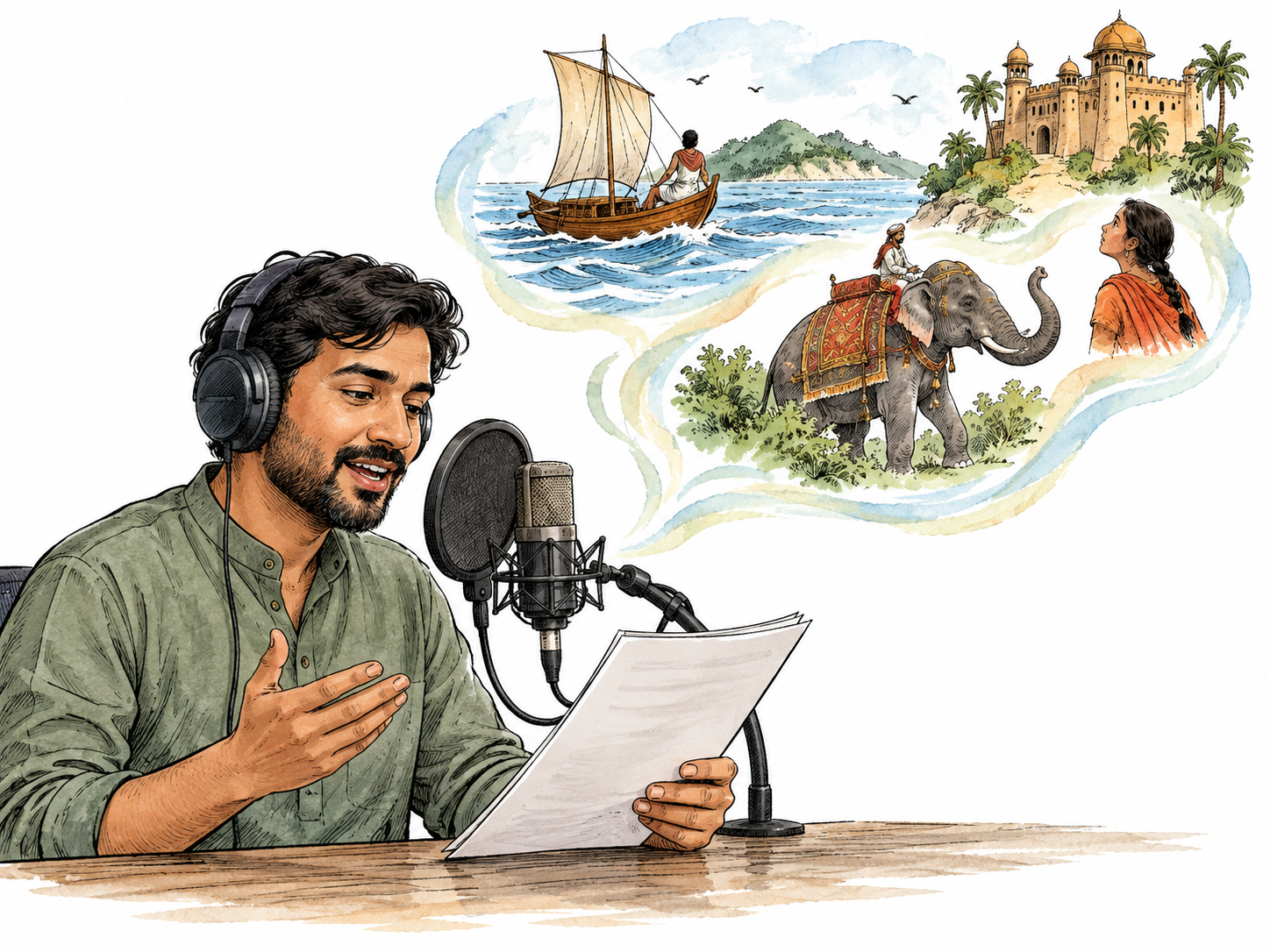 South Asian voice artist reads a story script into microphone, with subtle imagined events above.
