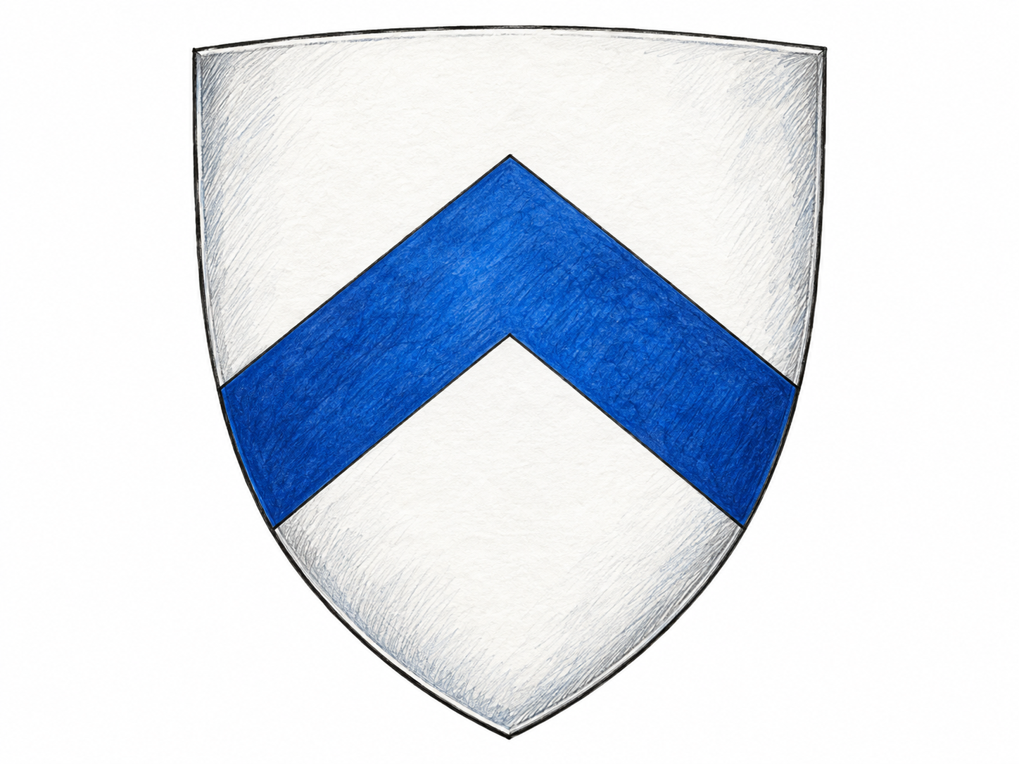 A heraldic shield with a broad silvery-white field and a single deep-blue chevron, making the white heraldic tincture the dominant visible feature.