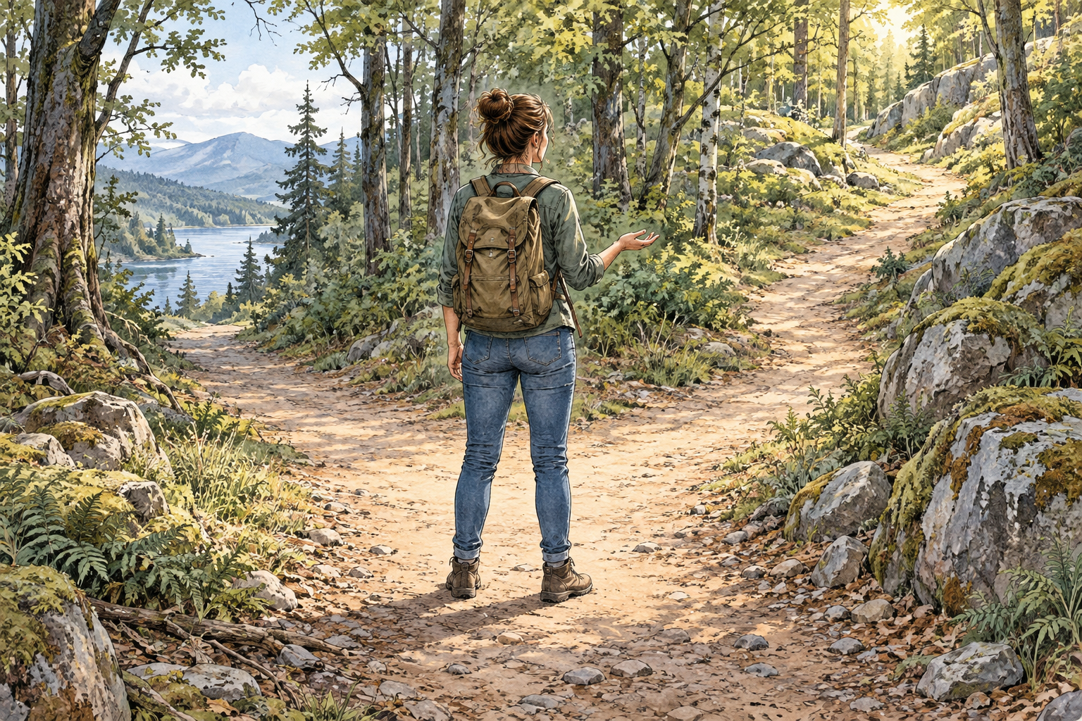 A modern adult woman pauses thoughtfully at a woodland path splitting into two equally inviting routes, body facing center with one hand half-extended uncertainly, no signposts or writing.