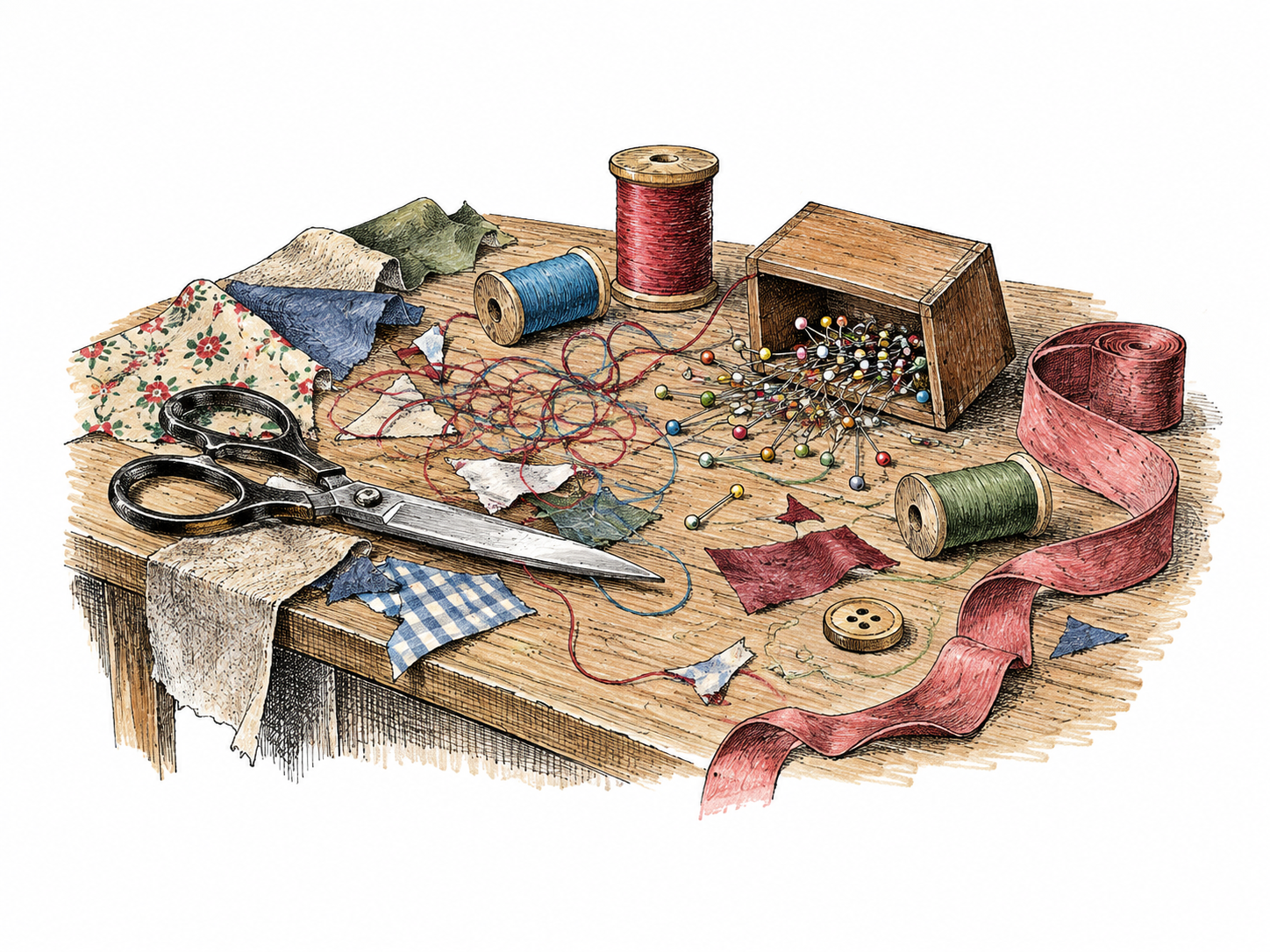 A sewing worktable in disarray: tangled thread, scattered fabric scraps, tipped pin box, scissors and half-unrolled ribbon; each object drawn clearly, no text.