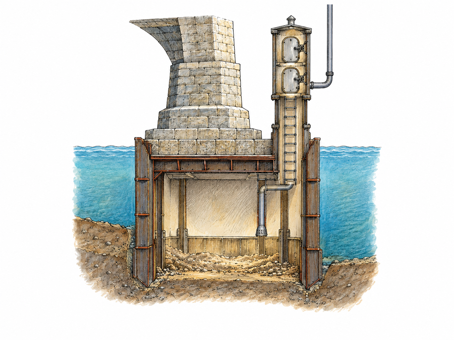 A small clear cutaway of a pneumatic construction caisson below a river: thick-walled bottomless chamber has a dry air-filled working space on the excavated riverbed, supporting a partial masonry pier above its roof.