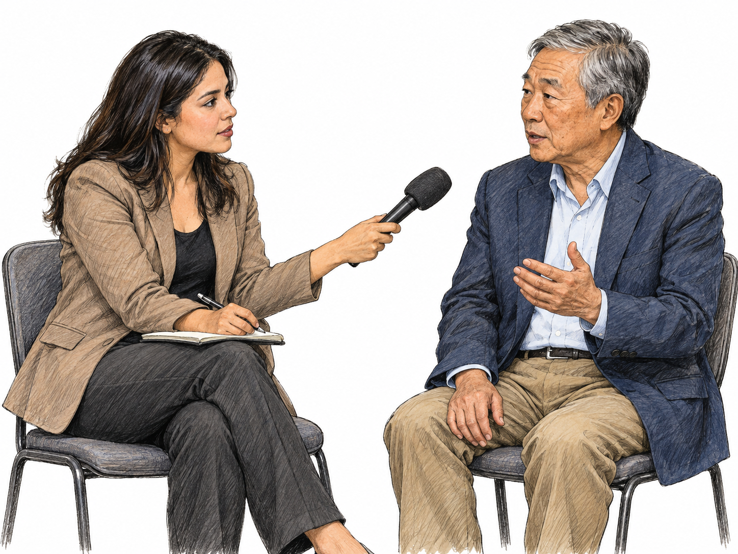 A seated journalist conducts a recorded interview, holding a handheld microphone toward a formally dressed interviewee who responds with an open-hand gesture.