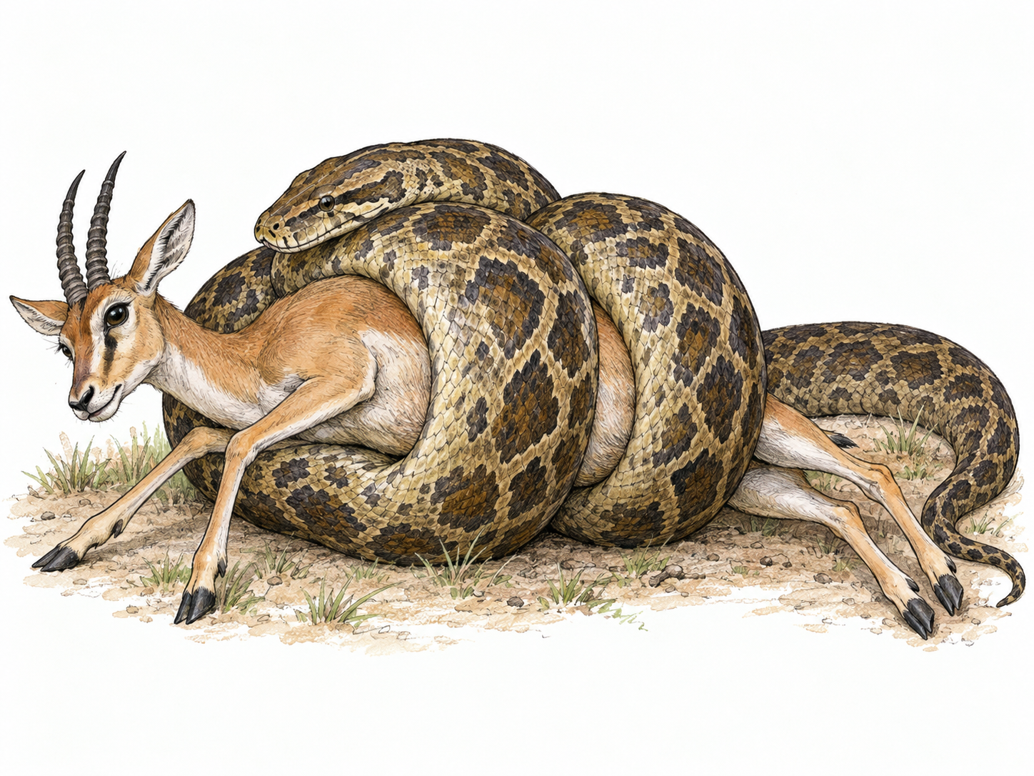 A large African rock python tightly constricts a small antelope, with its broad patterned body and compressing coils clearly visible.