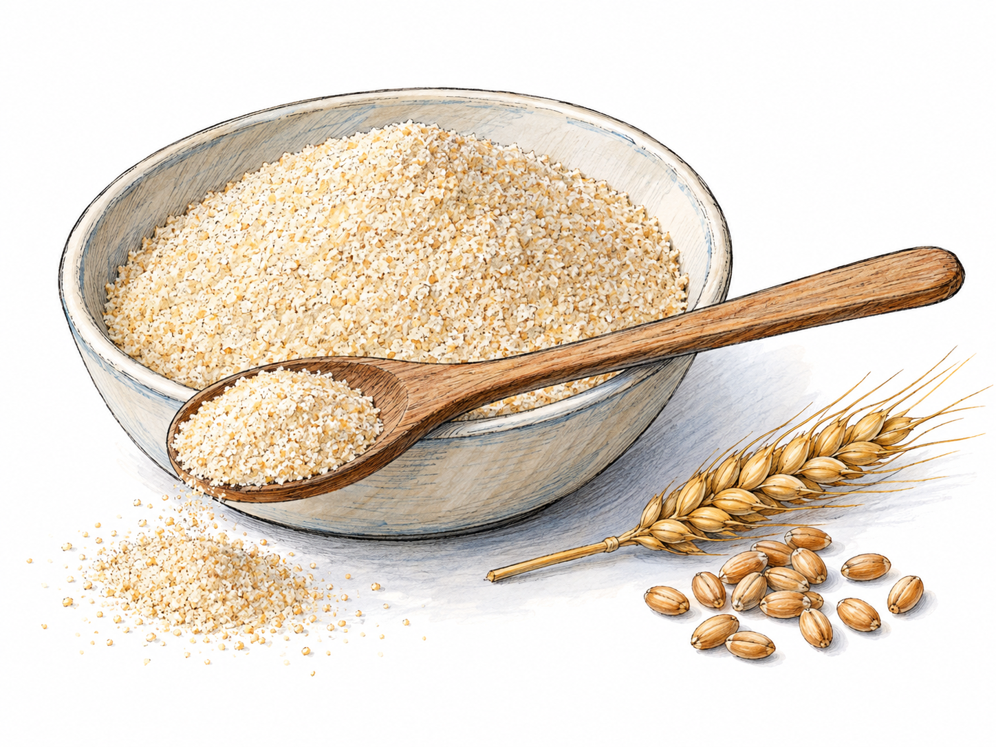 A close still life of dry, finely milled wheat meal in a shallow bowl, with a spoonful spilling onto the white surface.