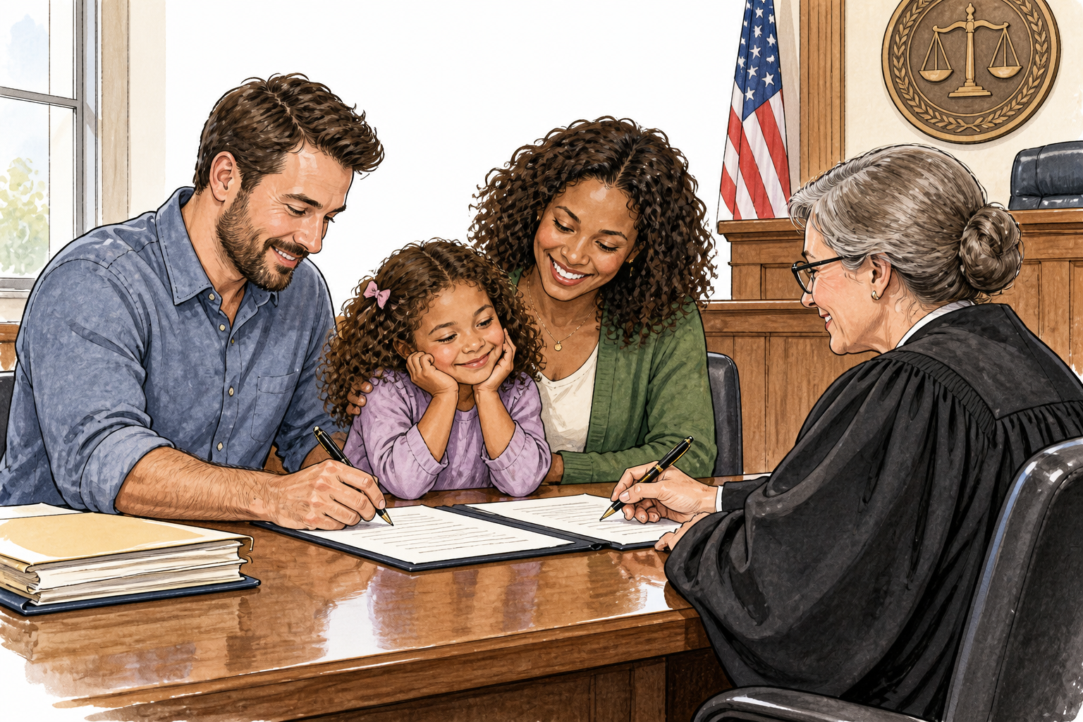 A family and official complete adoption documents at a courthouse, legal parenthood process.