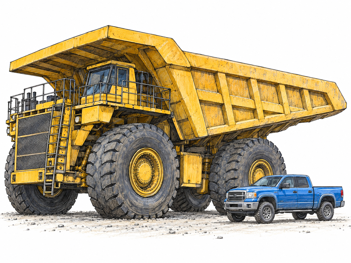 An enormous mining haul truck towers over a full-size pickup parked beside it, making the truck's extraordinary size and power immediately apparent without people or text.