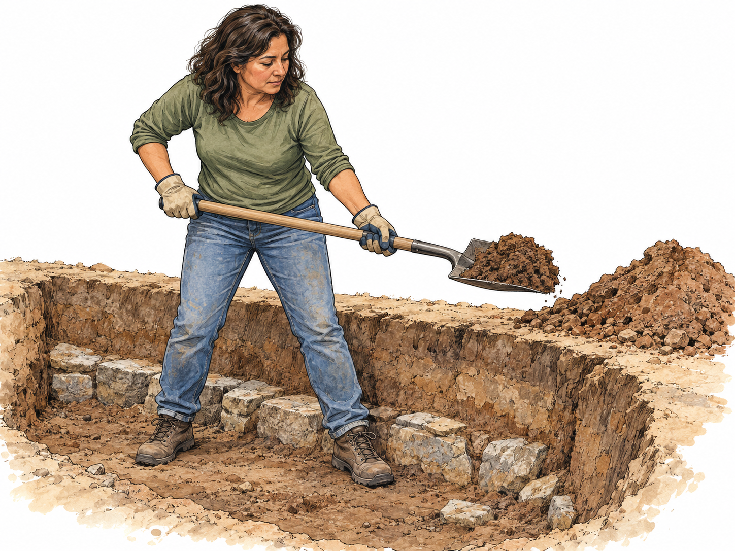 A worker lifts a shovelful of earth from a shallow excavation, exposing part of a buried stone foundation.