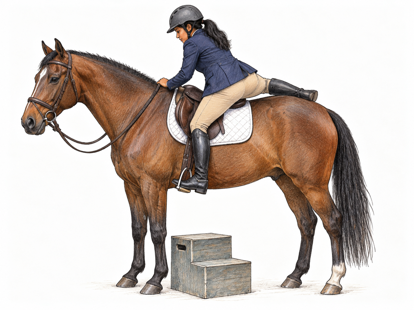 Rider mounts calm brown horse using low mounting block, left foot in stirrup, hands on saddle and right leg beginning to swing over, coherent safe geometry, only horse rider block on white.