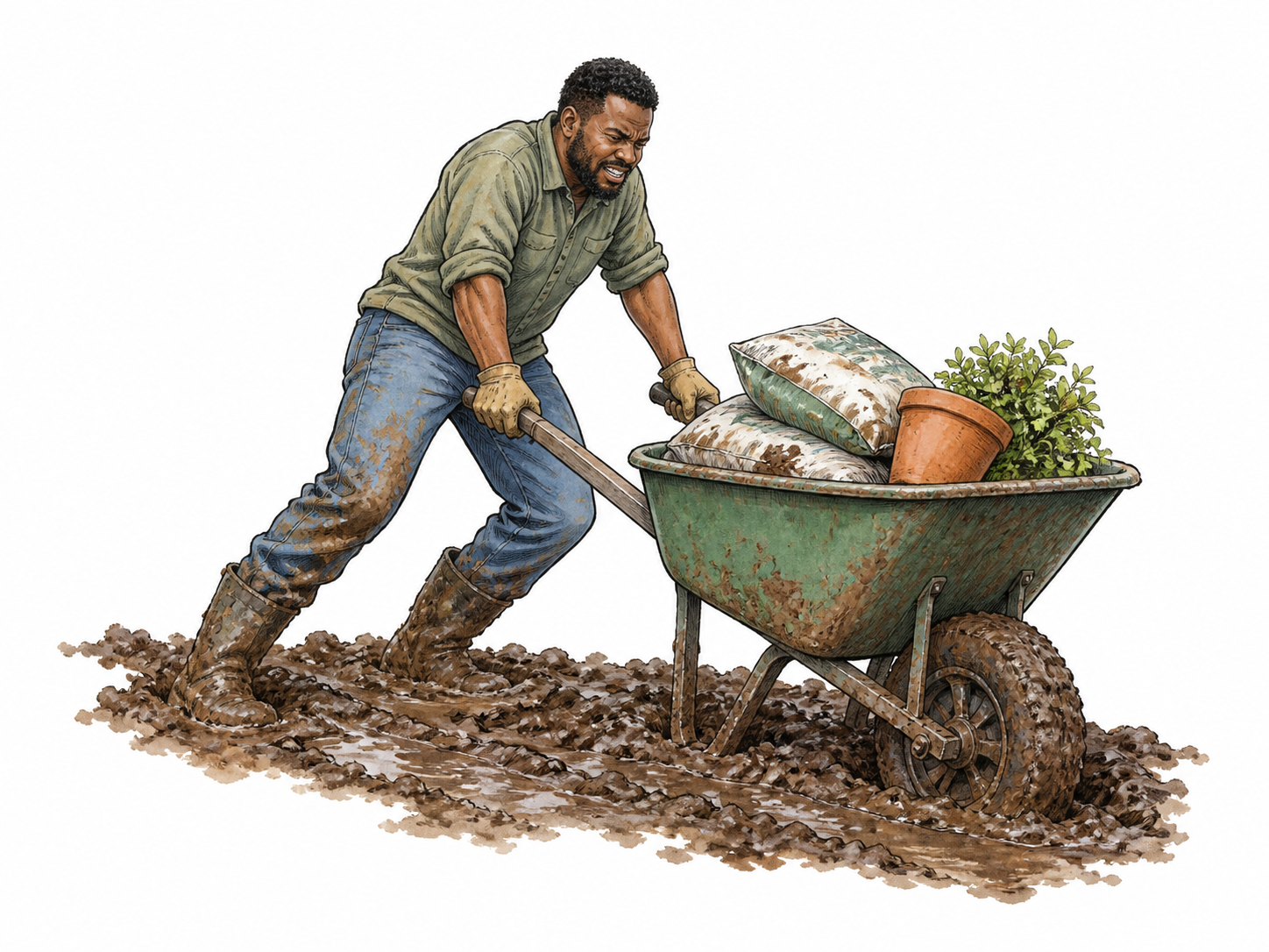 Person struggles to push loaded cart through deep sticky mud, wheels bogged down and progress slowed.