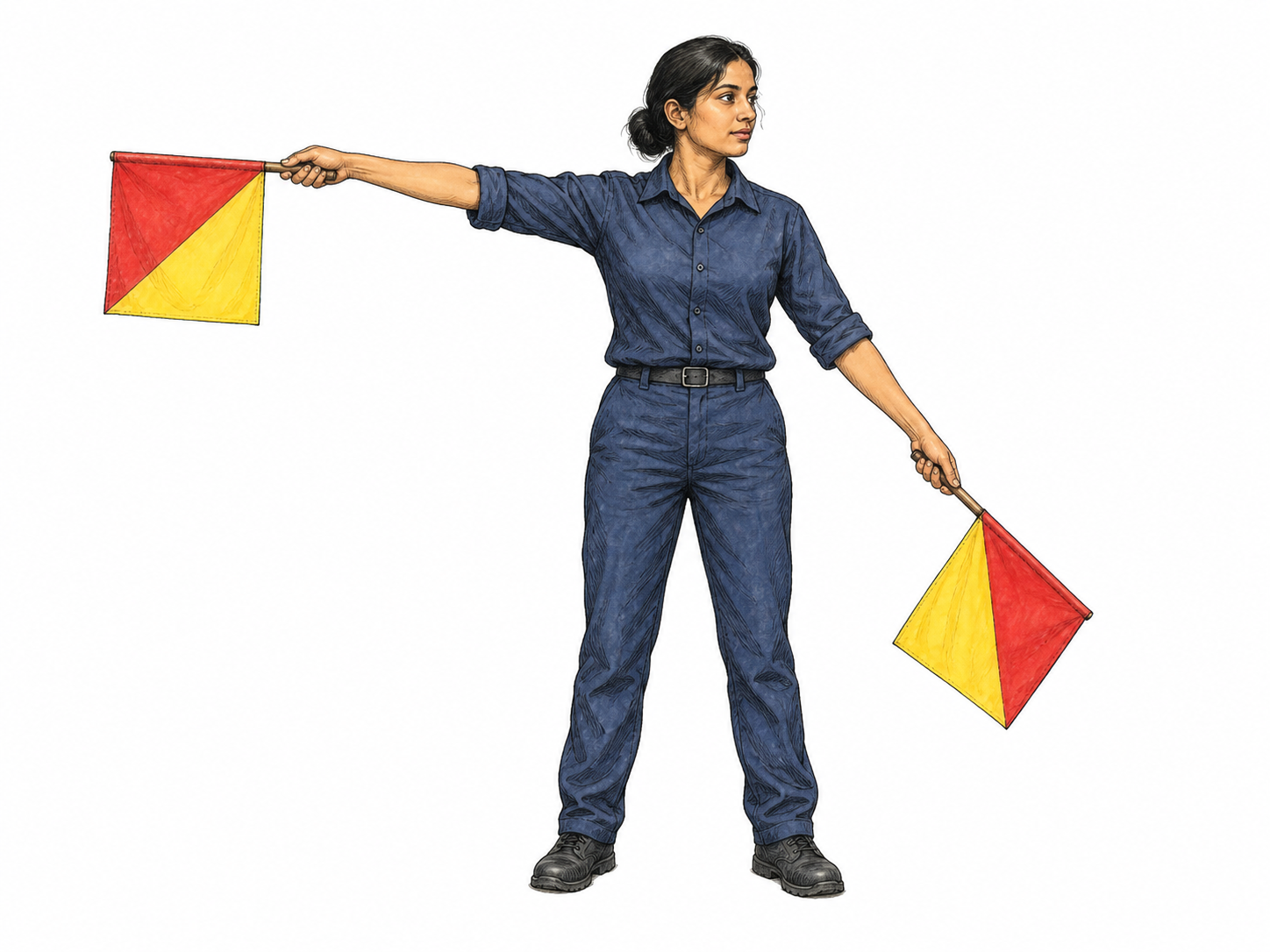 A modern adult signaler stands clearly with one red-and-yellow square flag in each hand, arms extended in two distinct directions for flag semaphore.