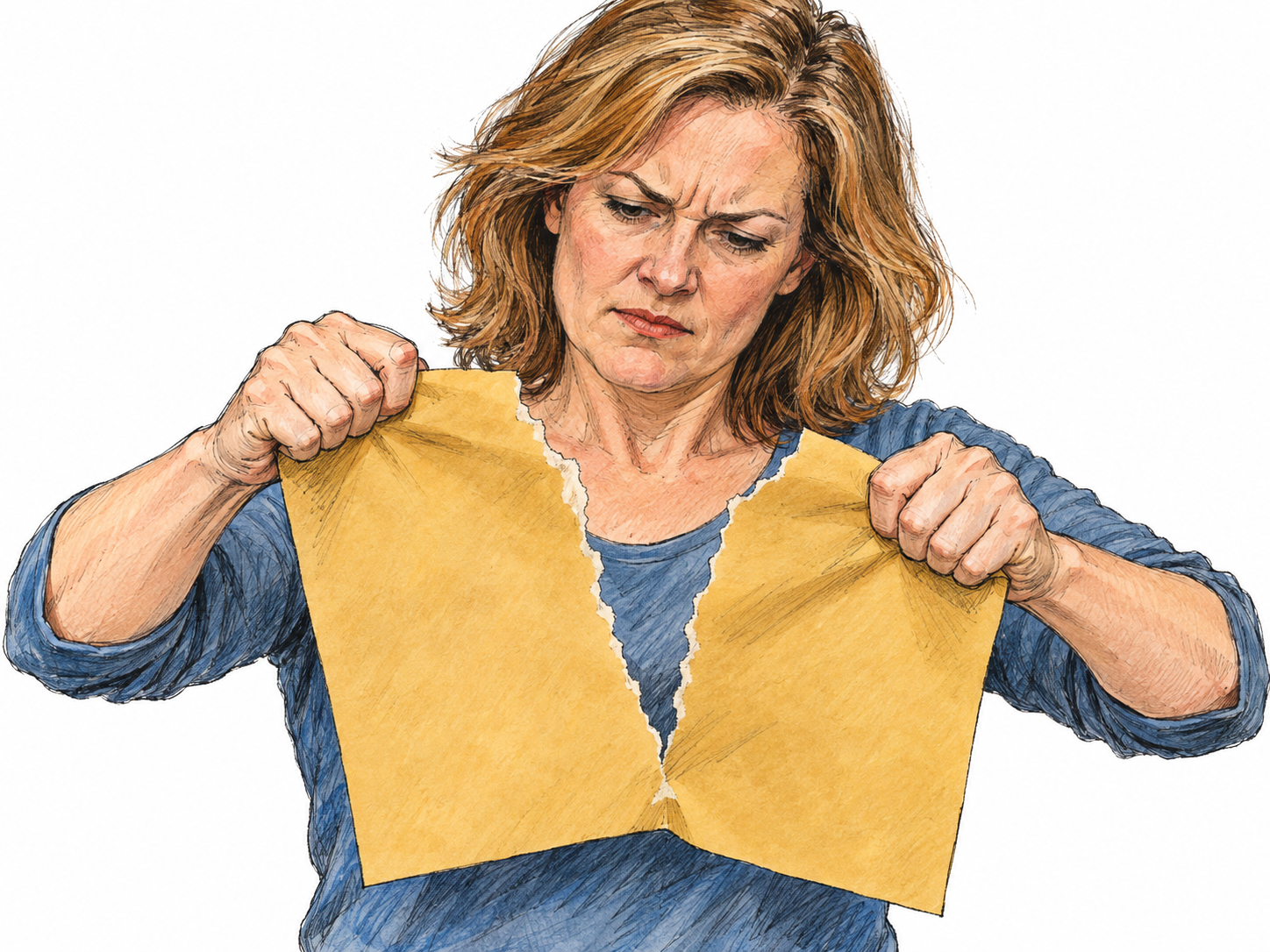 A woman forcefully pulls a plain sheet of paper apart with both hands, exposing a large fresh jagged tear between the separating halves.