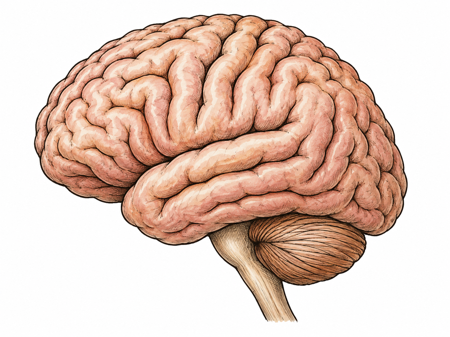 A realistic isolated human brain viewed from the side with distinct cerebral folds and cerebellum; clinical educational ink drawing on white.