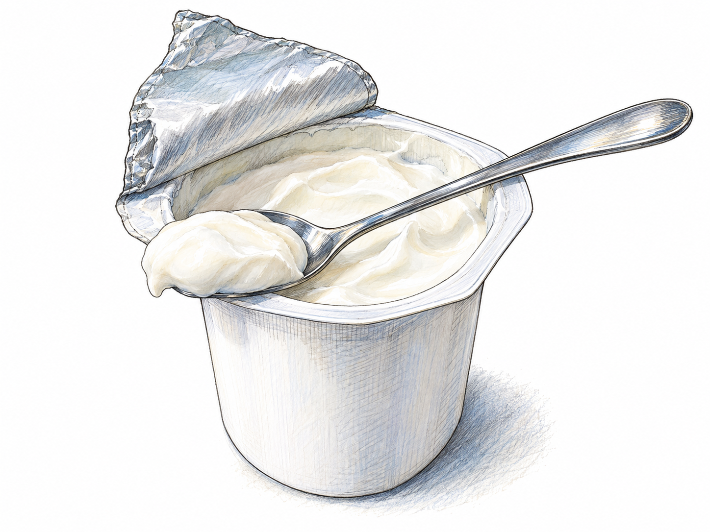 An open single-serving yogurt pot with its foil lid peeled back, revealing thick, softly swirled white yogurt; a spoon resting across the rim holds a cohesive spoonful.