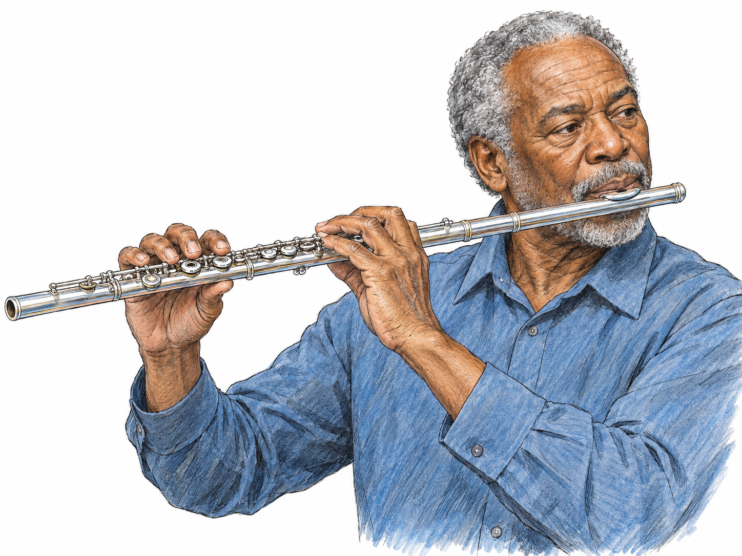 An older man plays a silver transverse concert flute, with the horizontal keyed tube, embouchure opening at his lower lip, and natural fingering clearly visible.