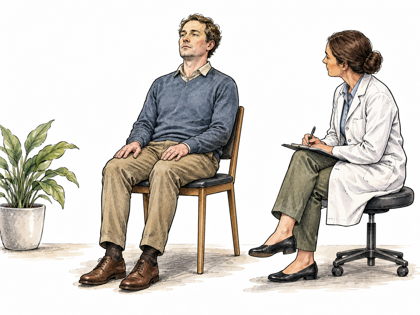 A fully clothed adult sits rigidly with fixed posture and reduced responsiveness while a clinician observes respectfully, no dramatic contortions.