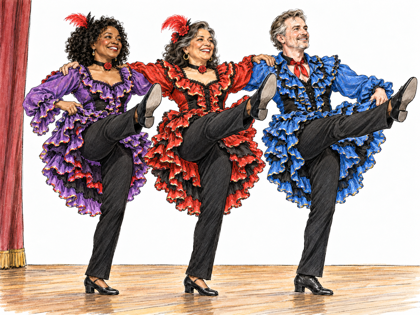 A fully clothed adult theatrical dance troupe performs synchronized high kicks on a small stage, conveying cancan as a lively stage dance rather than a sexualized performance.