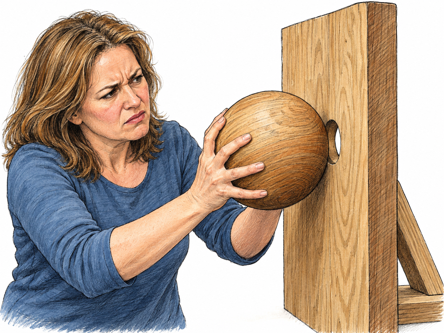 A woman attempts to push a large solid wooden ball through a much smaller circular opening in a thick wooden panel.
