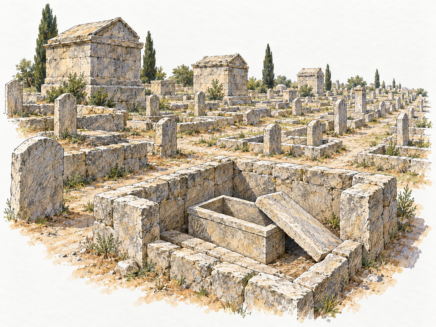 An elevated three-quarter view of a large ancient cemetery: repeated rows of weathered stone tombs and grave markers extend along narrow burial lanes, with an open foreground tomb exposing a stone sarcophagus to distinguish the burial complex from ordinary ruins.