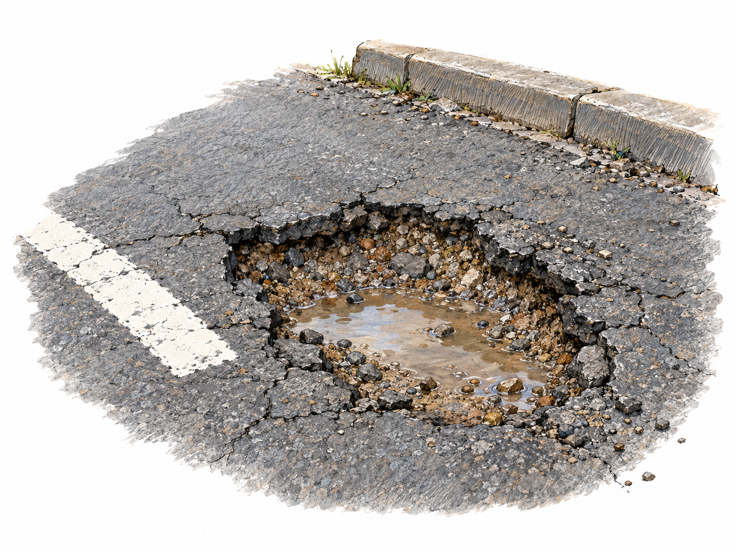 A close three-quarter view of a weather-worn pothole in an asphalt road, with irregular crumbling edges, exposed gravel and a shallow muddy puddle inside.