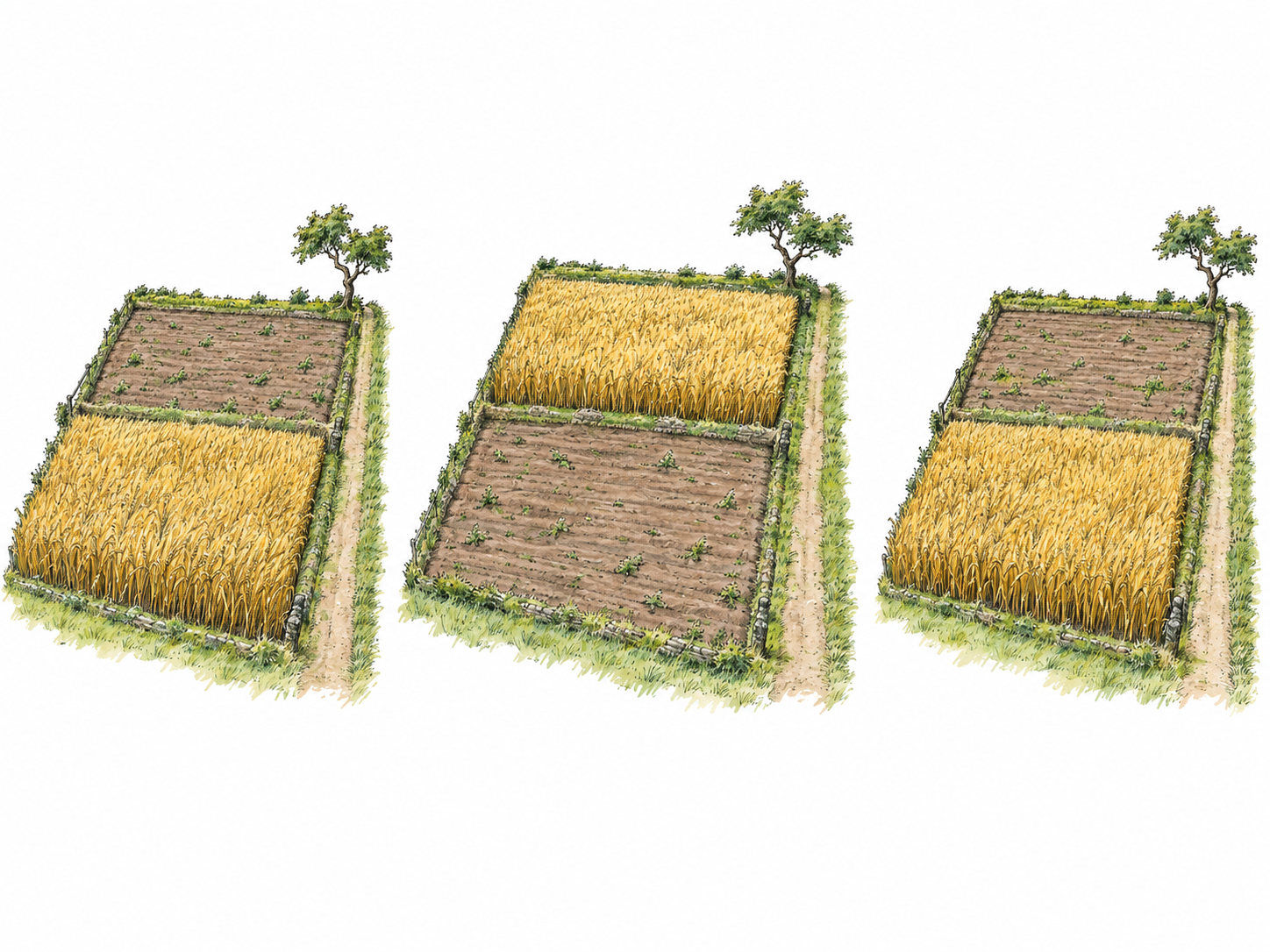 A compact three-view sequence of the same two carefully maintained farm plots: the nearer plot bears grain, rests unplanted while its neighbor bears grain, then bears grain again.
