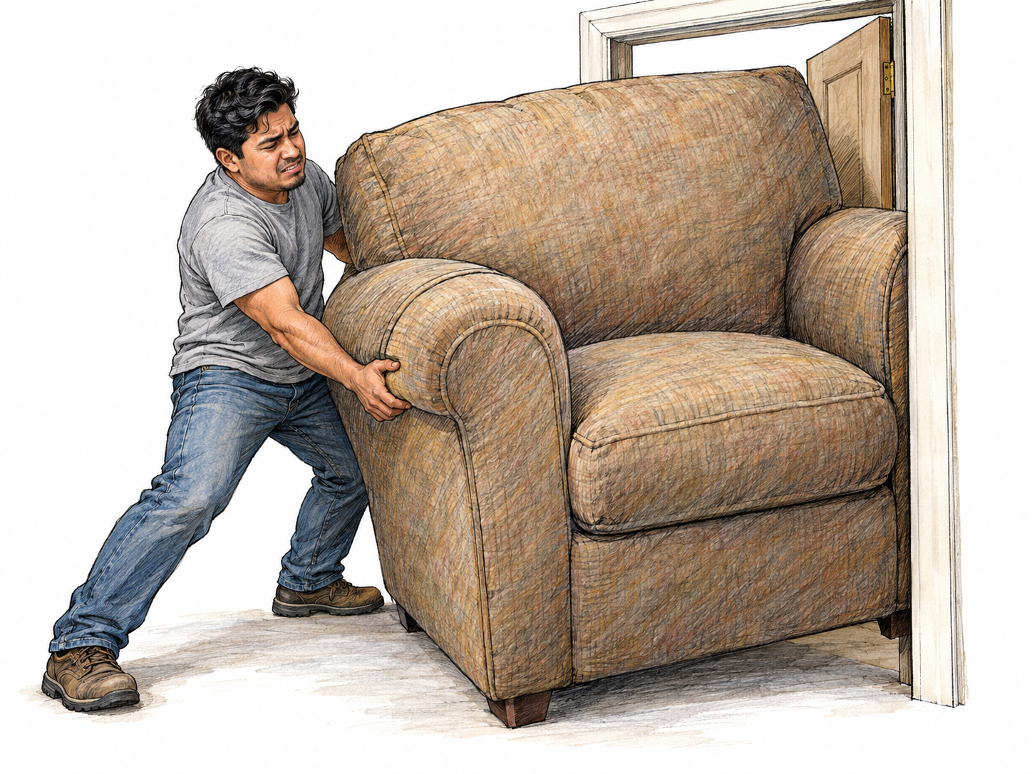 An enormously bulky upholstered armchair dwarfs a young man struggling to maneuver it through a normal-sized doorway; its broad body is visibly wedged against the doorframe.
