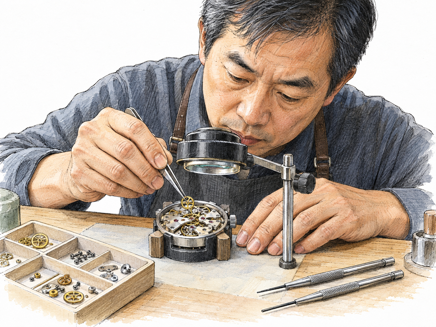 A watchmaker carefully seats a tiny gear in an open mechanical watch under a bench magnifier, with the remaining miniature components meticulously separated in a compartmented tray.