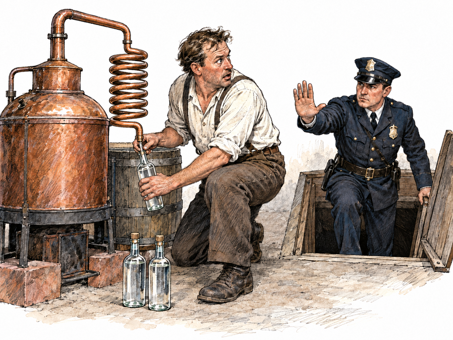 A Prohibition-era illicit liquor maker is caught bottling spirits from a working still as a police officer enters the concealed workspace.