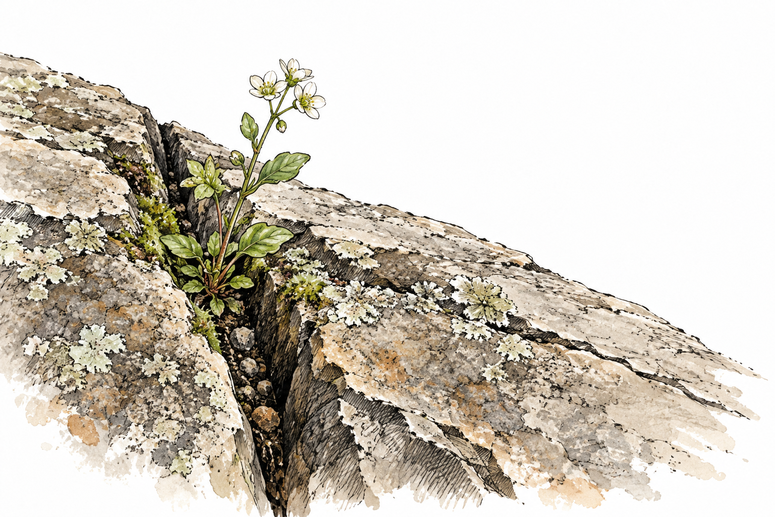 Close narrow crevice in weathered rock surface with tiny plant rooted in gap, no lettering.