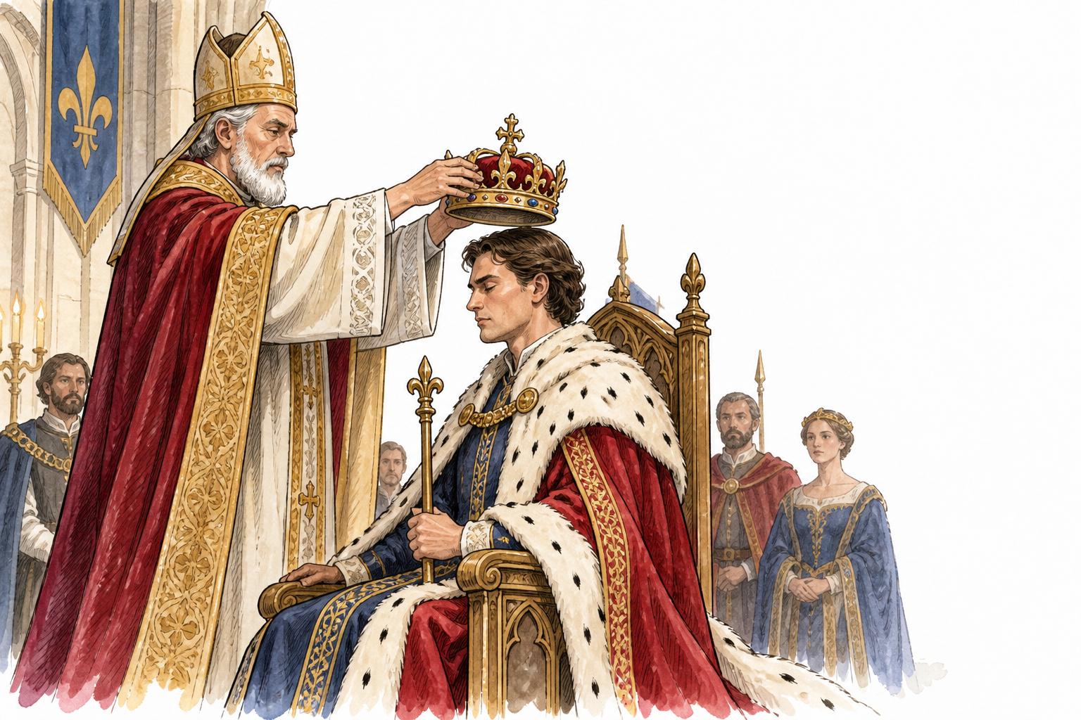 A ceremonial crown lowered onto a seated fictional monarch's head by an officiant, dignified court setting.