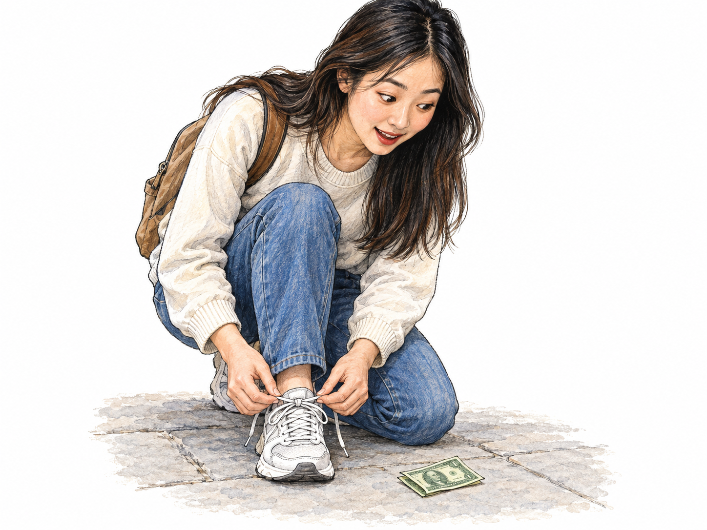 While kneeling to tie an undone shoelace, a woman unexpectedly notices a banknote beside her shoe.