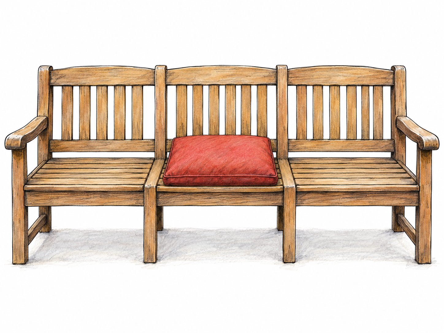 A symmetrical three-seat bench with a red cushion on the middle seat, visibly centered between two matching empty seats.