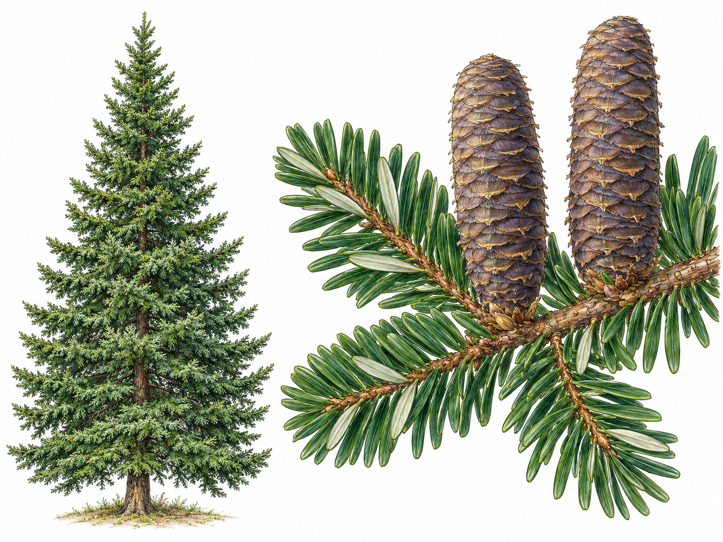 A botanically accurate fir, with its conical evergreen silhouette behind a prominent close view of an attached branch bearing flat needles and upright cones.