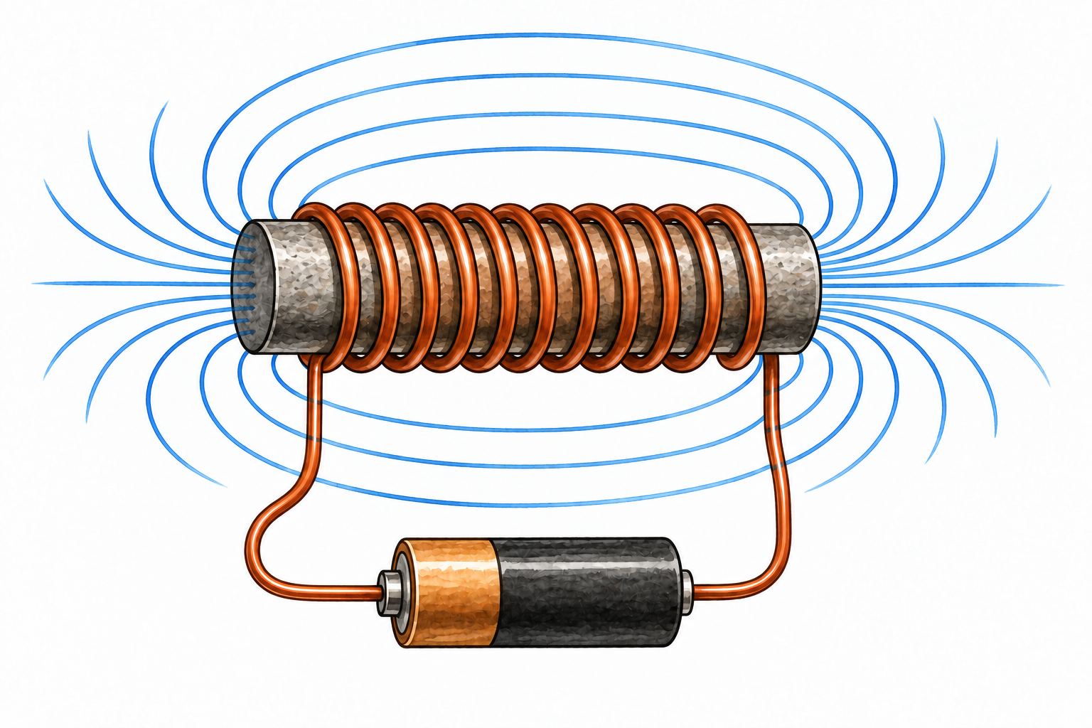 Insulated copper coil around an iron core with electrical wire and field lines curling around it, electricity and magnetism together.