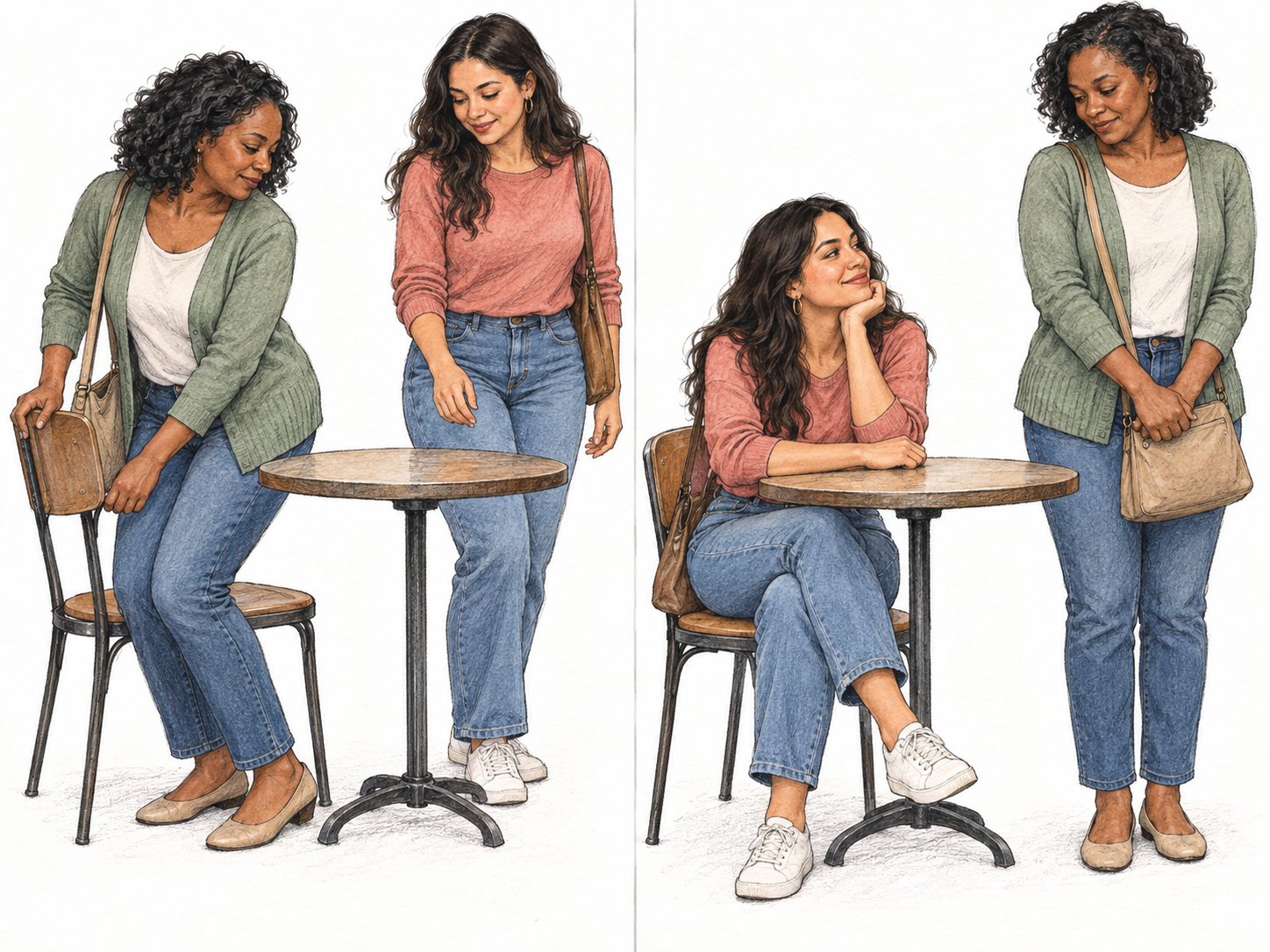 A gentle, self-effacing woman yields a chair she was about to use when another woman takes it, withdrawing without protest despite having visibly claimed the seat.