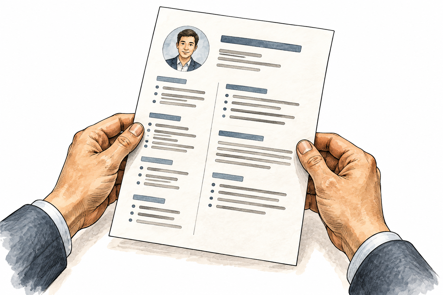 Adult hands hold a curriculum vitae sheet with small portrait circle and neatly organized abstract line marks, no readable words or headings.
