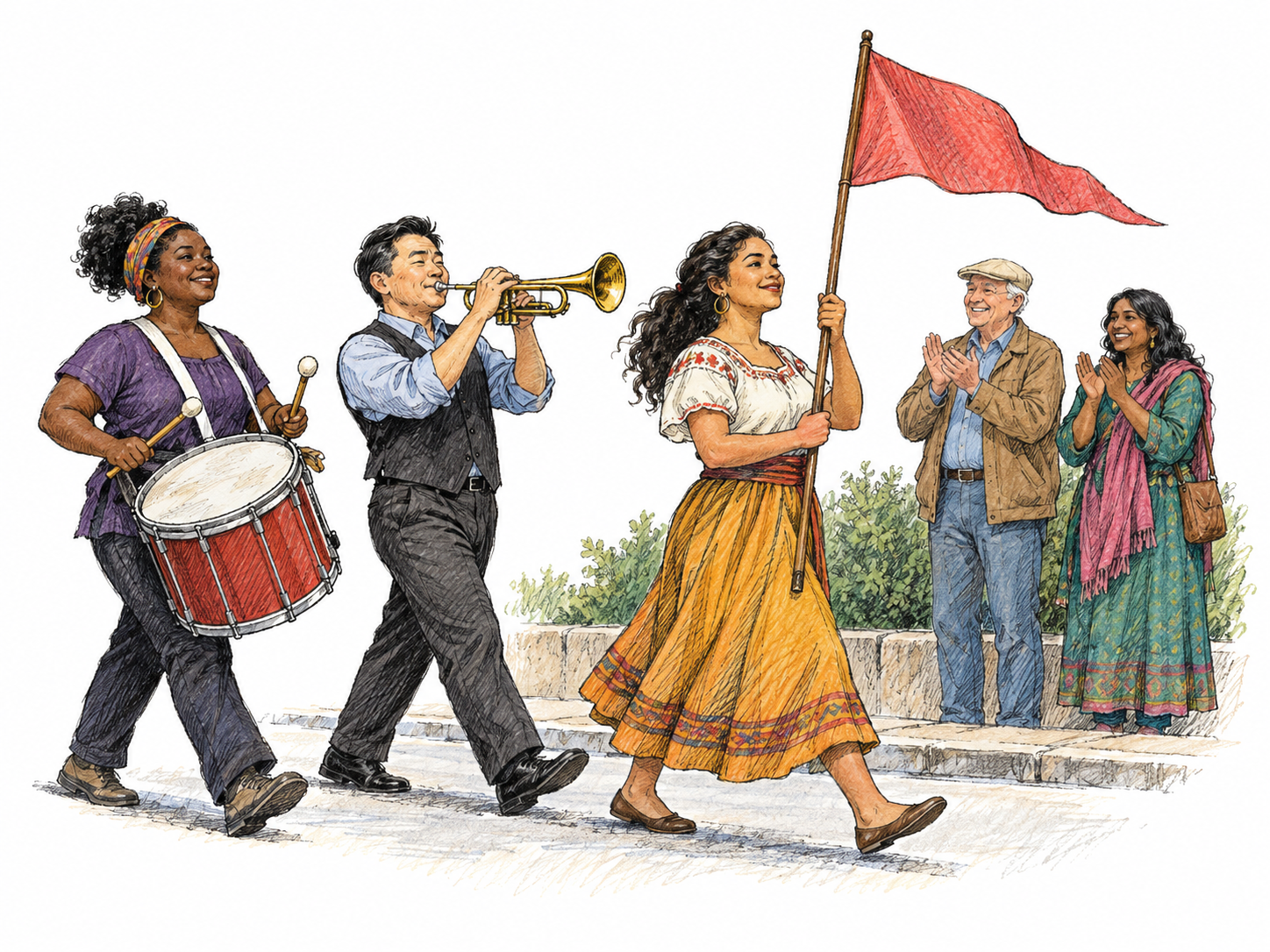 A small civic parade passes two cheering onlookers: drummer, trumpet player and marcher carrying a plain colored pennant, no lettering or logos, clear shared forward procession.