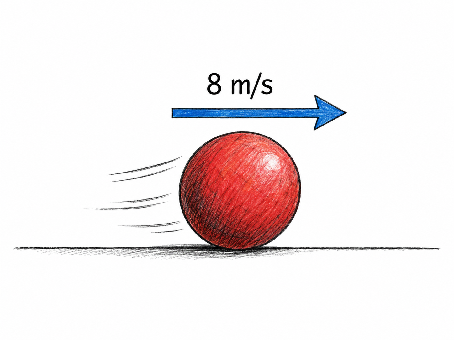 A rolling ball with a single rightward velocity vector marked “8 m/s,” combining a measured speed with an unambiguous direction.