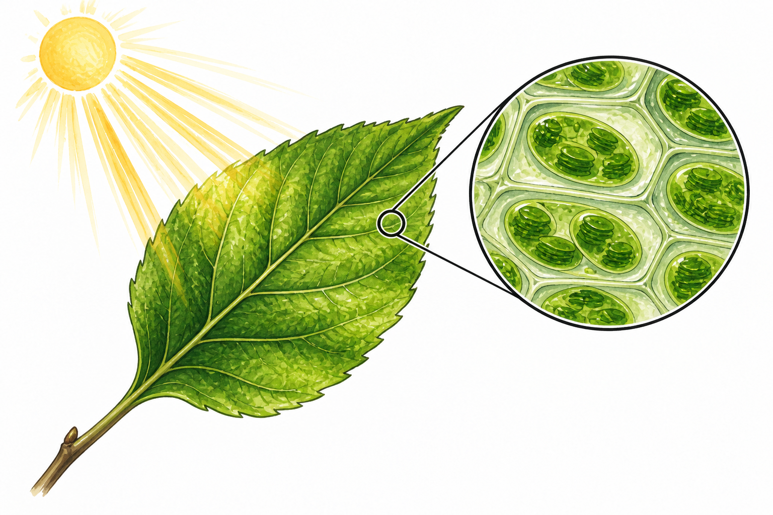 Green leaf with clean magnified inset of chloroplasts containing green pigment, sunlight falls on leaf.