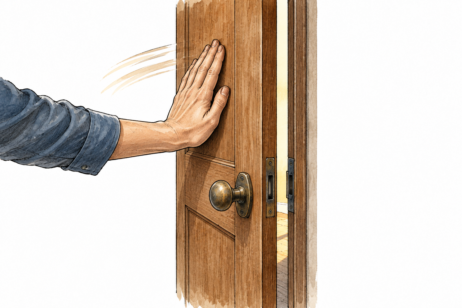 A hand pushes an open wooden door fully closed, simple motion and visible narrowing gap.