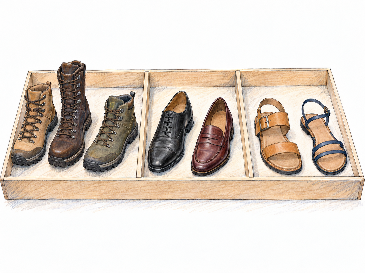 Show footwear grouped by kind: several visibly different hiking boots belong together, while formal shoes and sandals form separate groups.
