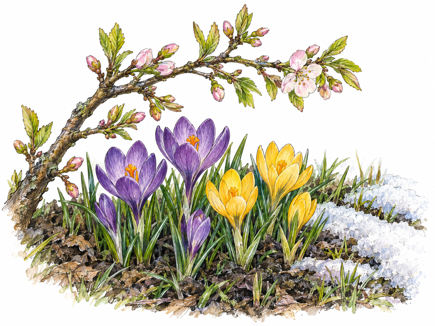 An early-spring garden vignette: a budding branch with pale blossoms above fresh green shoots and blooming crocuses, with a small remnant of melting snow at the edge of the soil.