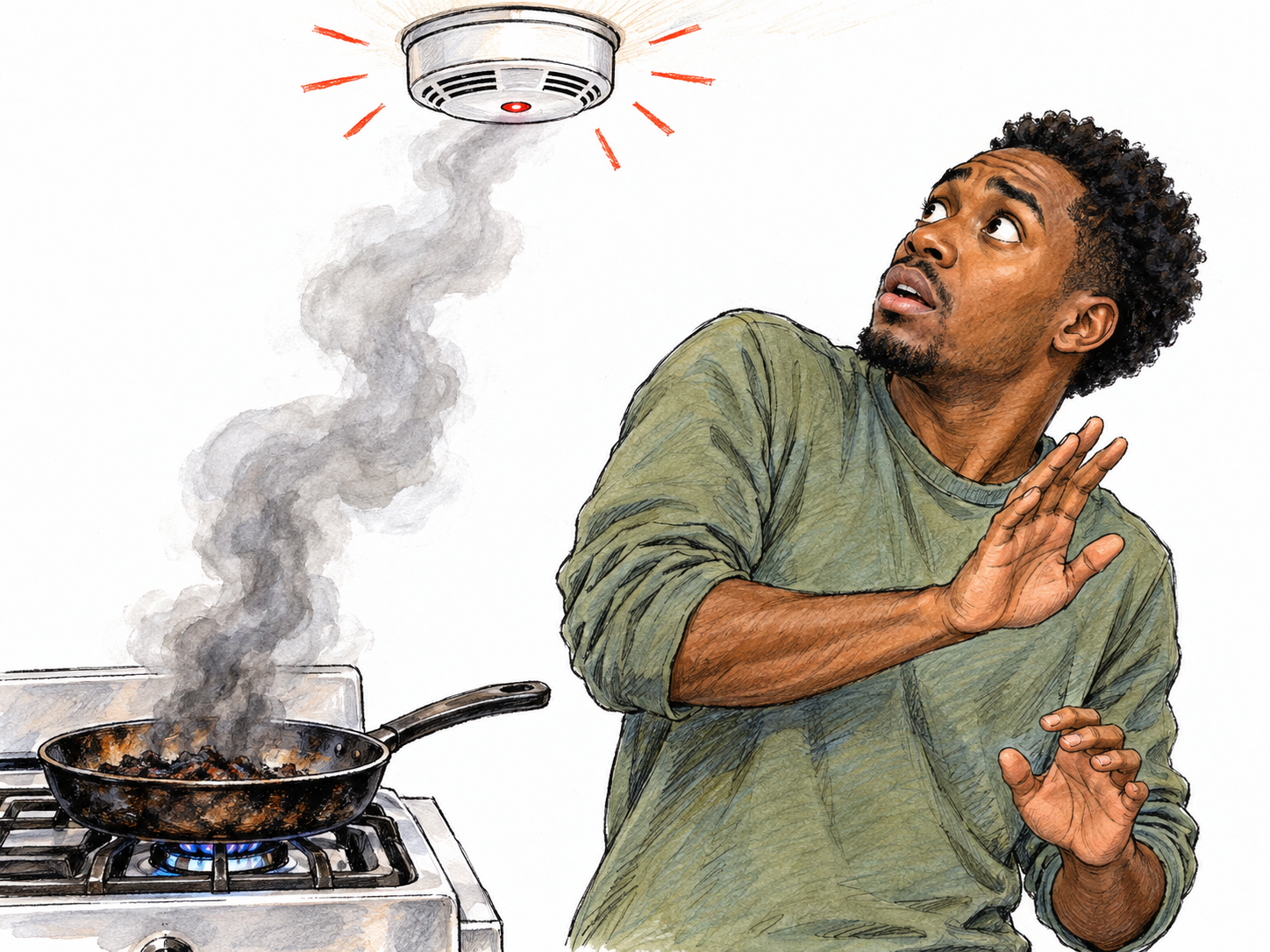 A sounding smoke detector warns a young man about smoke rising from a scorched pan.