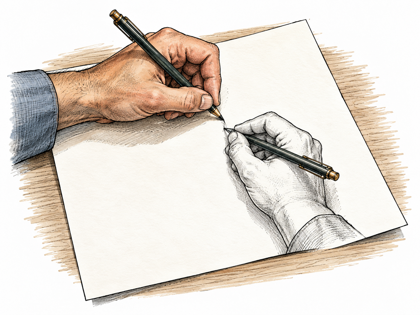 Two hands draw each other on a sheet, an impossible circular dependency rendered as conceptual ink drawing.