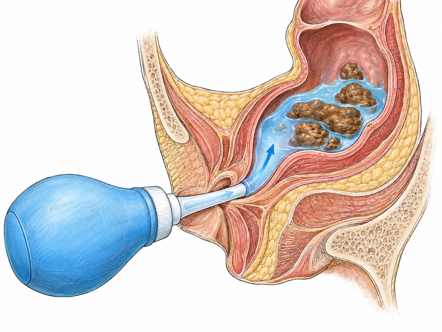 An isolated medical cutaway model shows an enema squeeze bottle delivering pale blue fluid through the anus into the rectum, with the fluid visibly surrounding brown stool in the lower bowel.