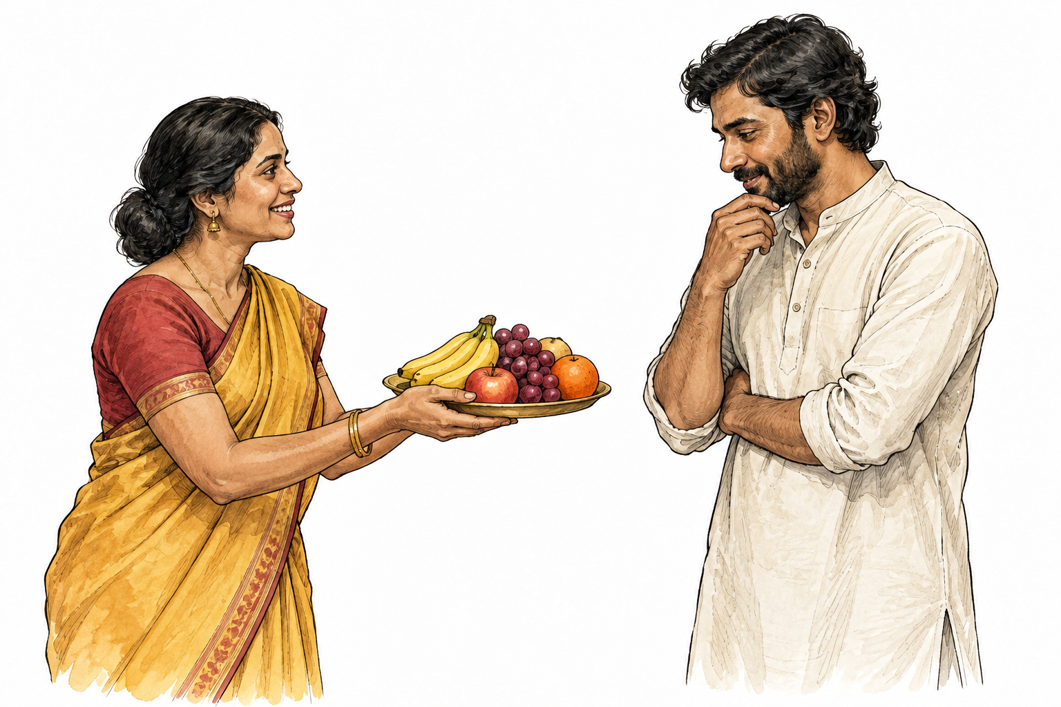A South Asian adult extending a plate of fruit to another adult who is considering accepting it, offered object and open gesture clear, no words.
