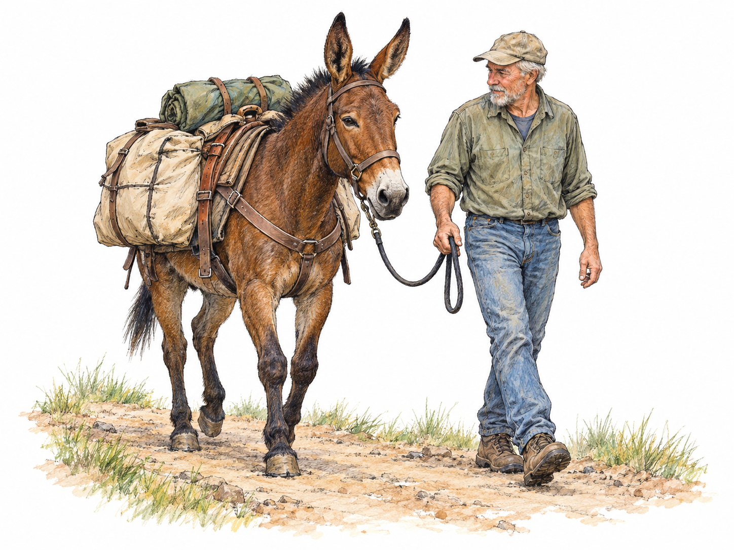 An older mule handler calmly leads one mule along a short stretch of trail, making the occupation clear through direct care and handling.