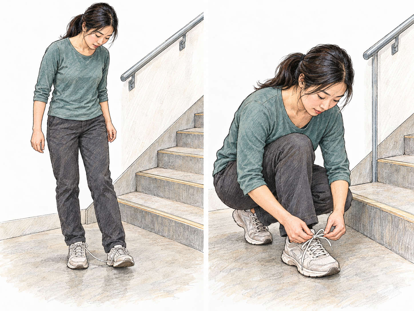 Before climbing stairs, a woman stops to tie the loose shoelace that has caught beneath her other shoe: a concrete, visibly motivated example of something it behooves her to do.
