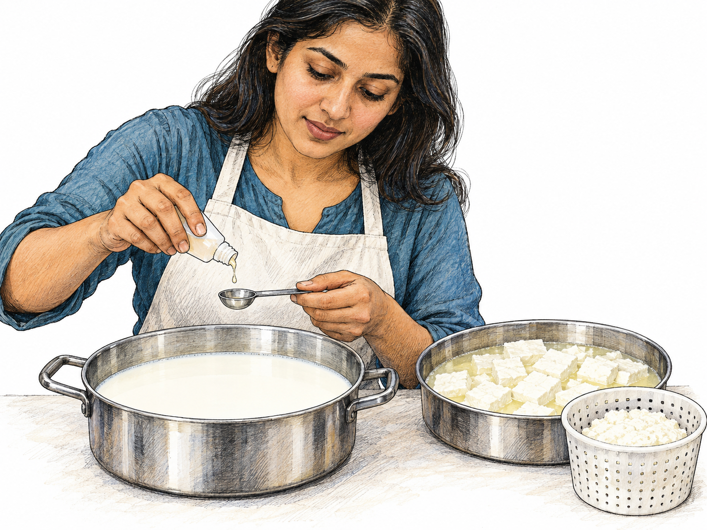 A cheesemaker measures a few drops of liquid coagulant into milk; beside her, a second batch shows milk set into cut curds and pale whey, with a perforated cheese mold establishing the cheesemaking context.