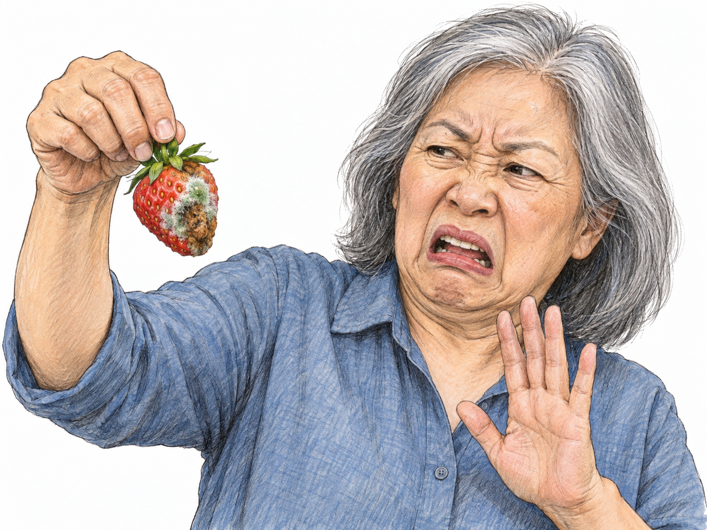 An older woman recoils from a moldy strawberry, wrinkling her nose and opening her mouth in an unmistakable expression of disgust while holding the spoiled fruit away from her.
